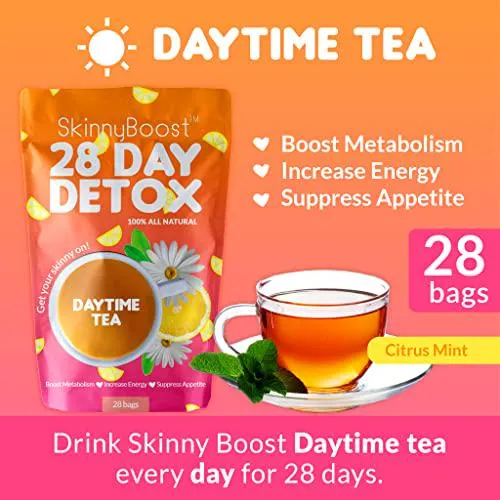Skinny Boost Tea Kit-2 Pack with Free Palm Tumbler- 2 Daytime Teas (28 Bags/Pouch) 2 Evening Detox Teas (14 Bags/Pouch) Non GMO, Vegan, All Natural Detox and Cleanse