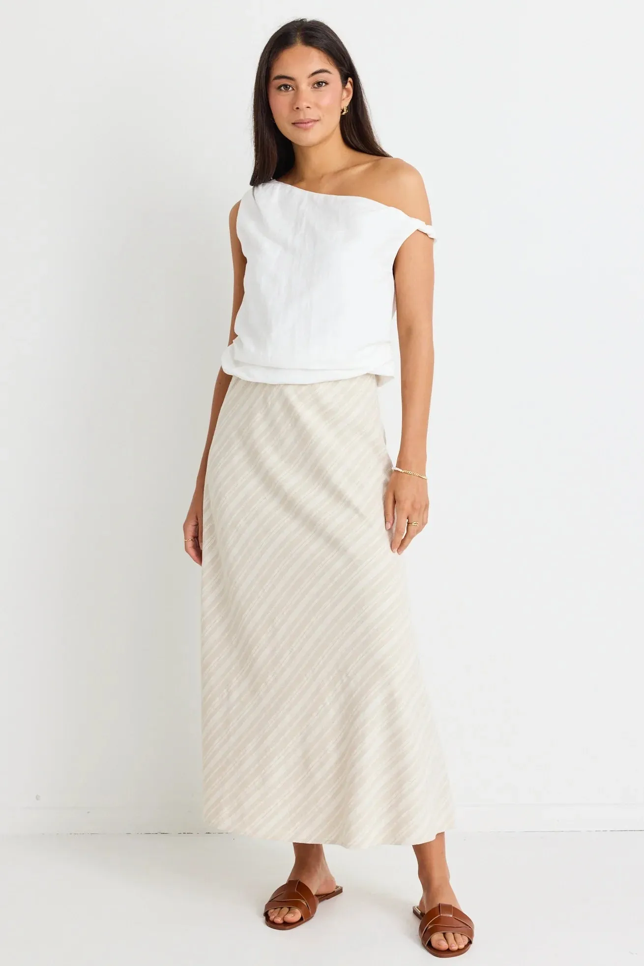 Sleek Linen Midi Skirt - Natural Stripe
