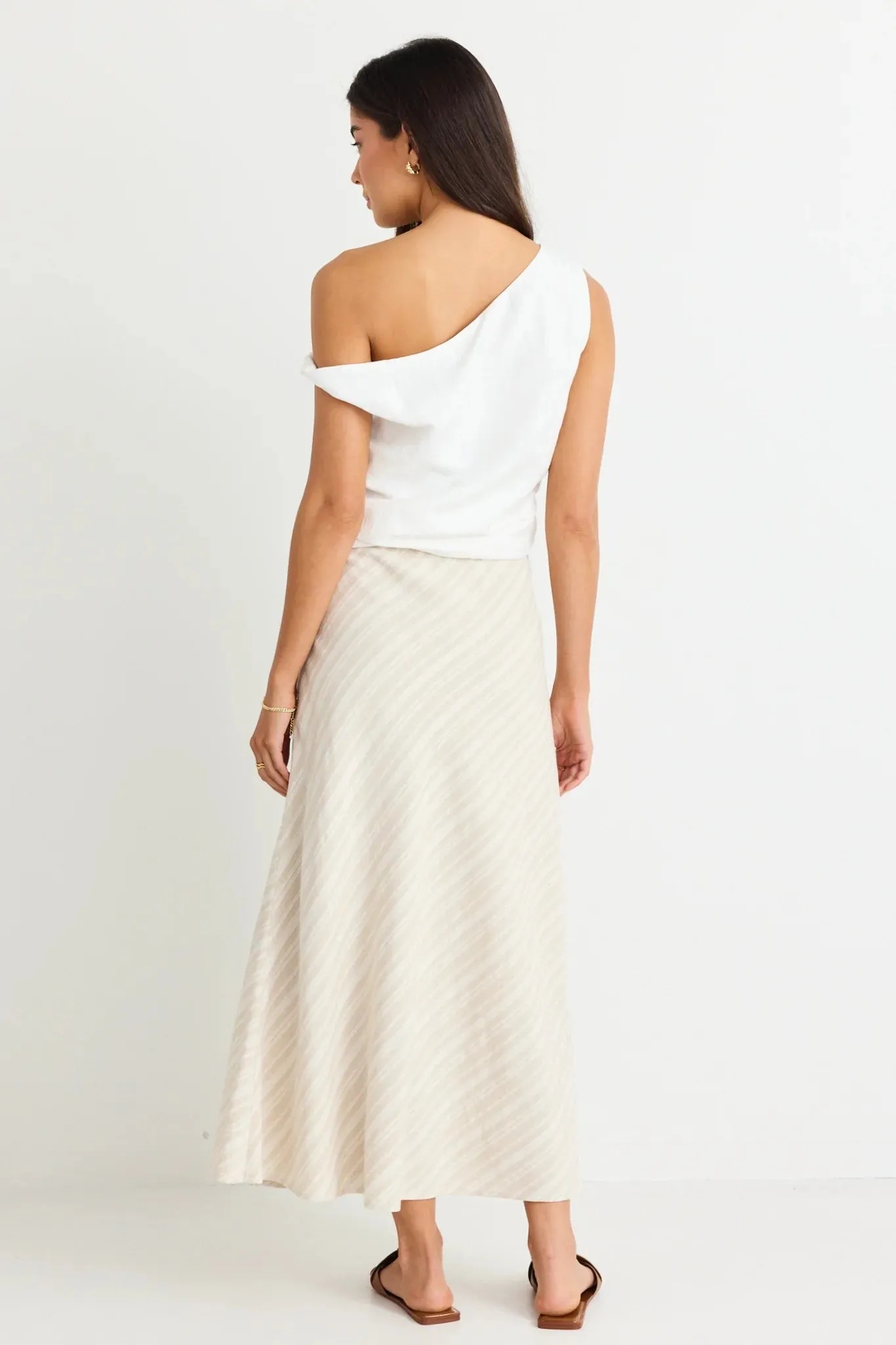 Sleek Linen Midi Skirt - Natural Stripe