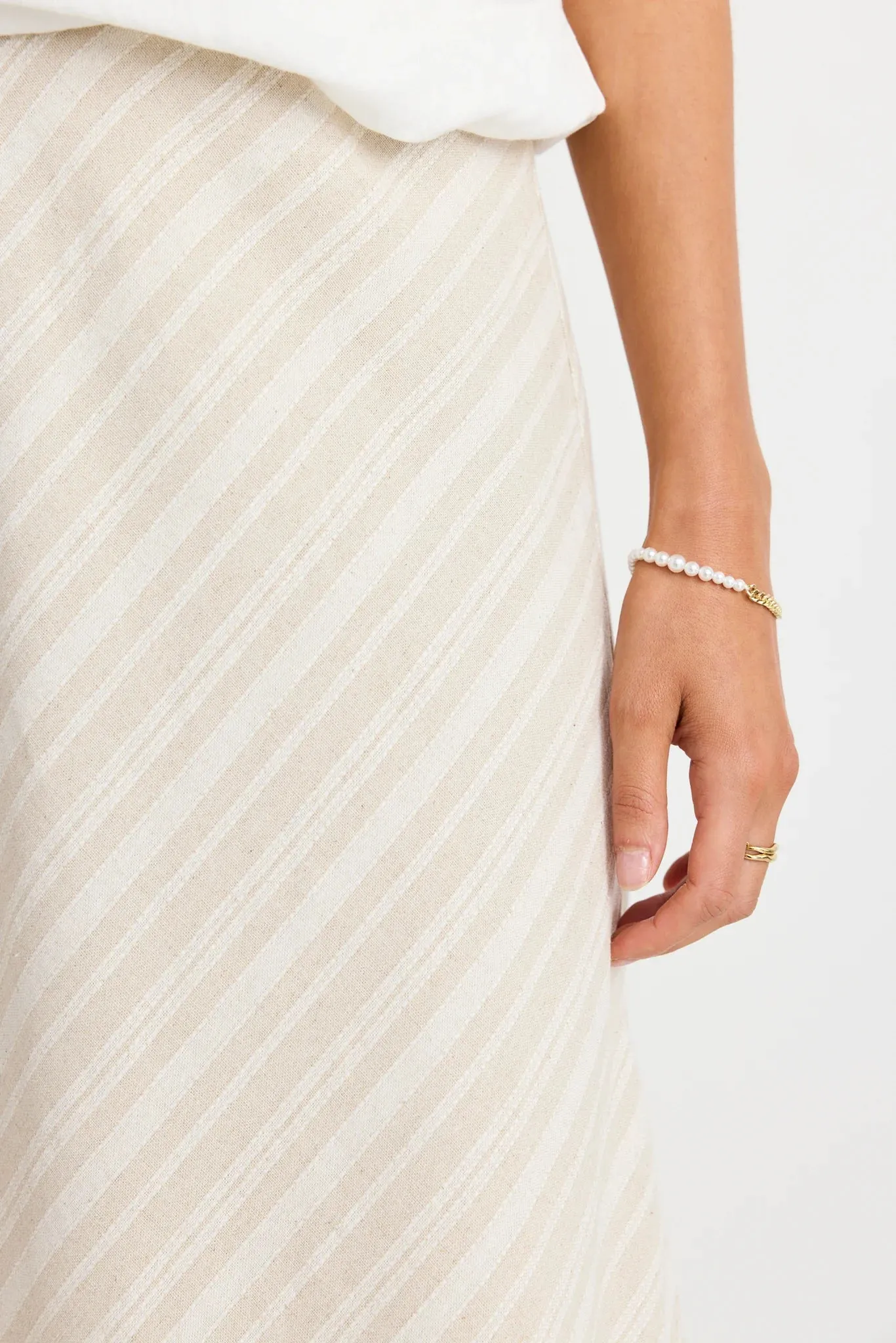 Sleek Linen Midi Skirt - Natural Stripe