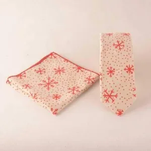 Snowflake Dot Pattern Christmas Square Pocket Tie Set - Beige