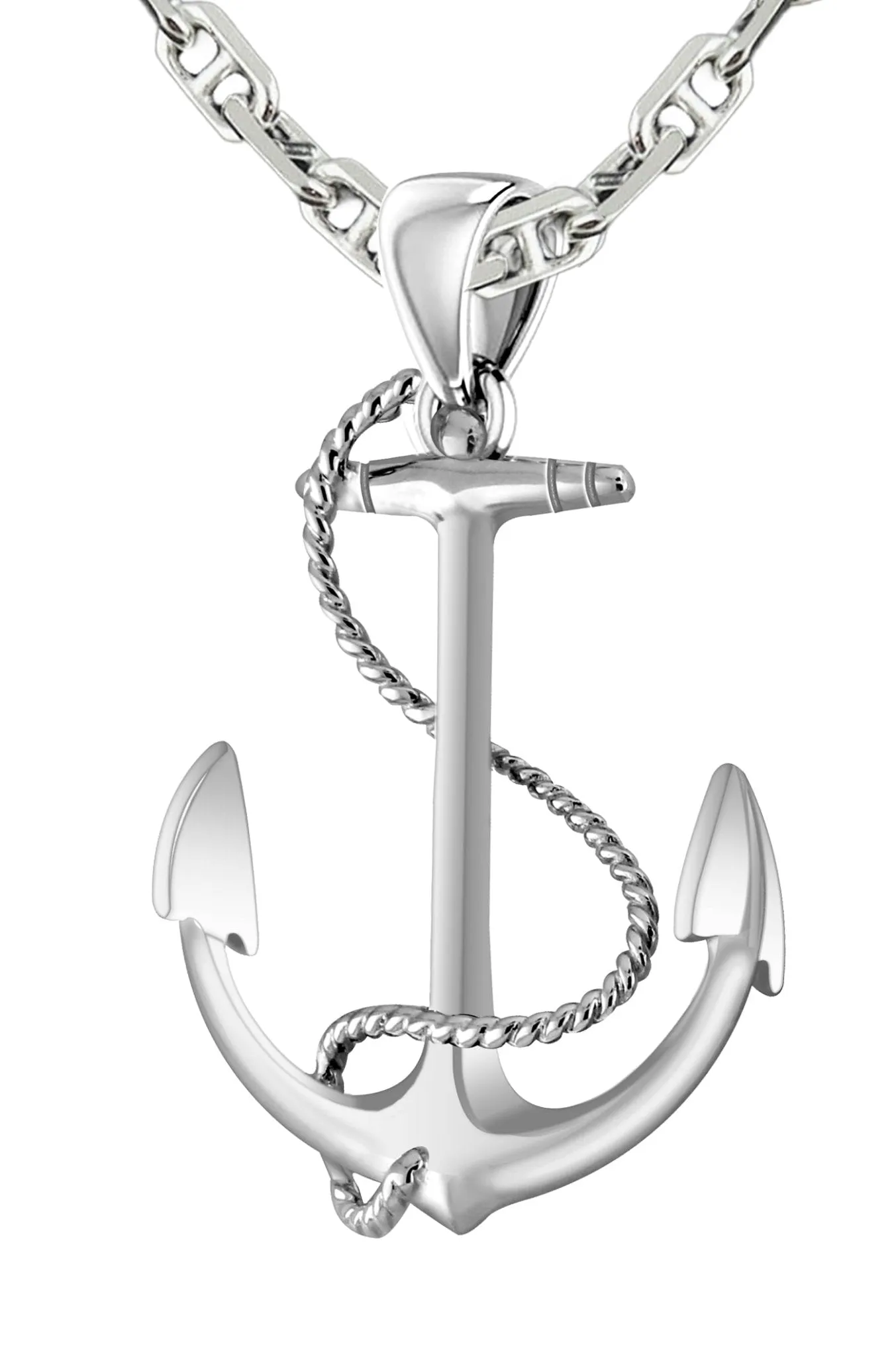 Solid 925 Sterling Silver Nautical Anchor and Rope Pendant Necklace