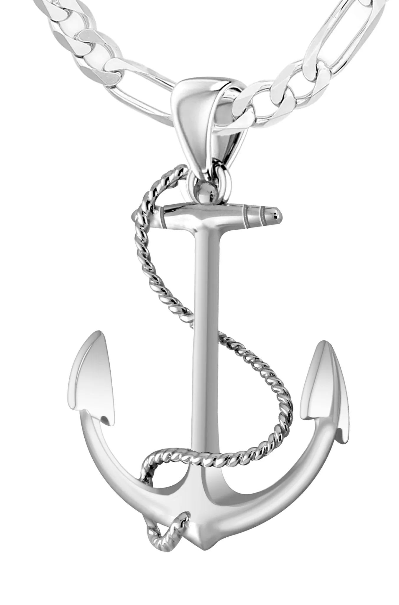 Solid 925 Sterling Silver Nautical Anchor and Rope Pendant Necklace