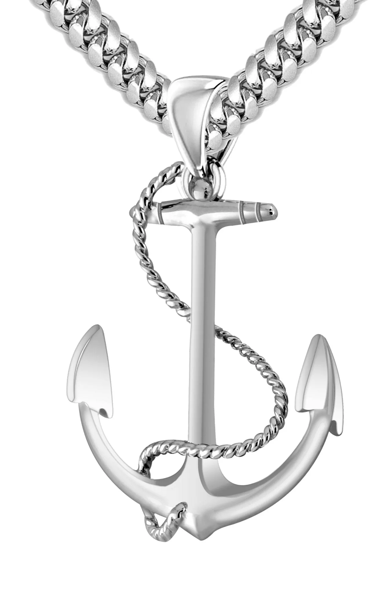 Solid 925 Sterling Silver Nautical Anchor and Rope Pendant Necklace