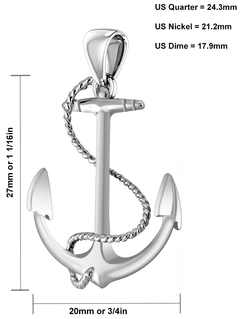 Solid 925 Sterling Silver Nautical Anchor and Rope Pendant Necklace