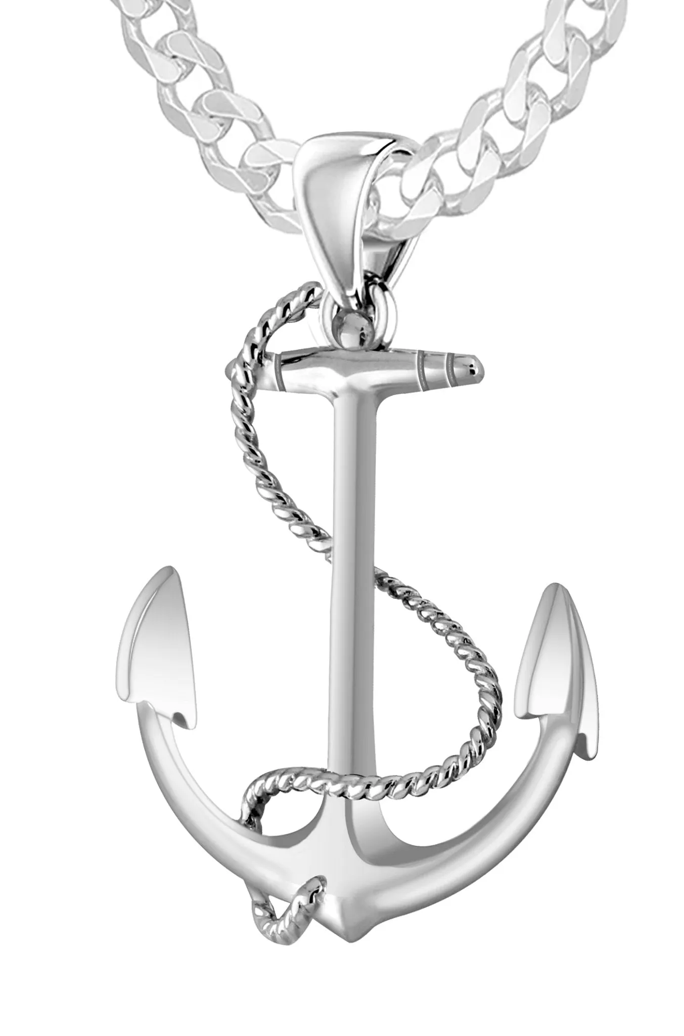 Solid 925 Sterling Silver Nautical Anchor and Rope Pendant Necklace