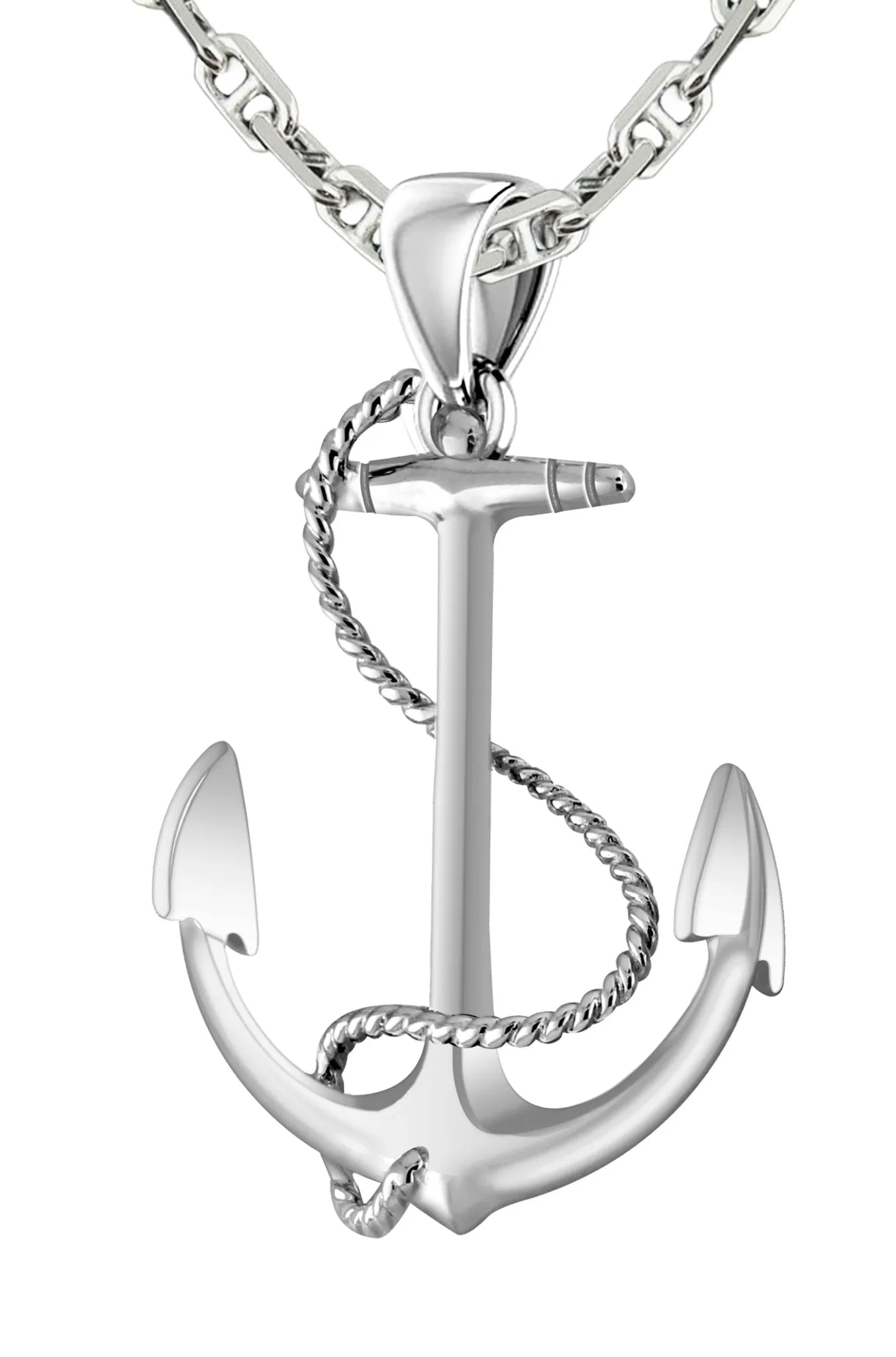 Solid 925 Sterling Silver Nautical Anchor and Rope Pendant Necklace
