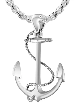 Solid 925 Sterling Silver Nautical Anchor and Rope Pendant Necklace