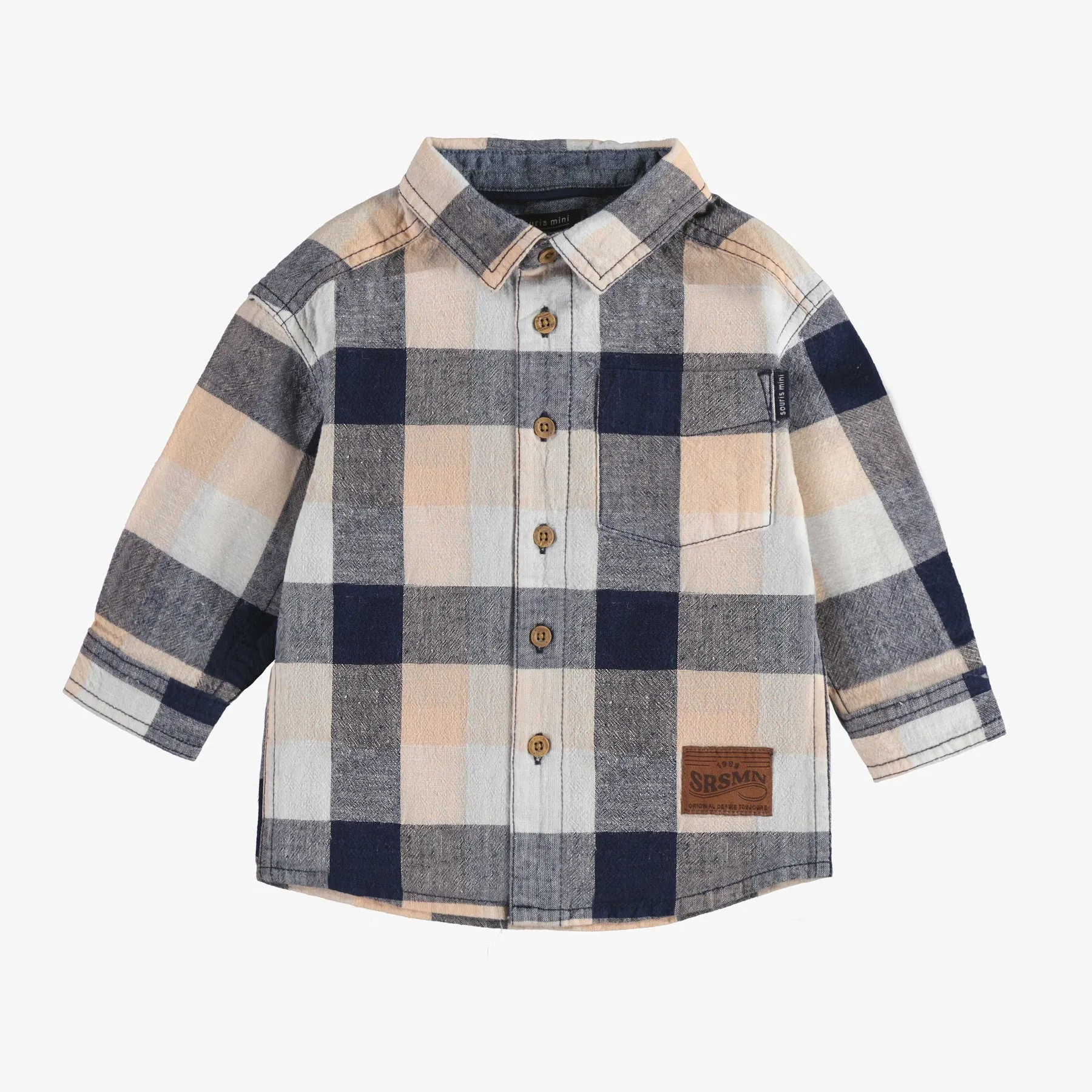 Souris Mini - Plaid Long Sleeve Linen Cotton Shirt - Navy Orange