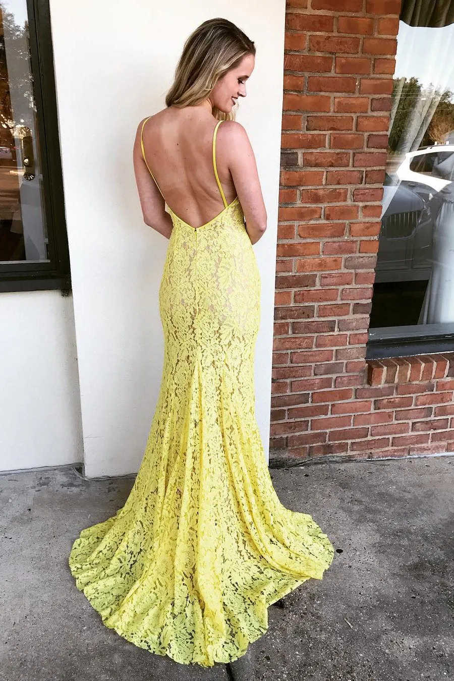 Spaghetti Straps Yellow V Neck Backless Prom Dresses with Split Side