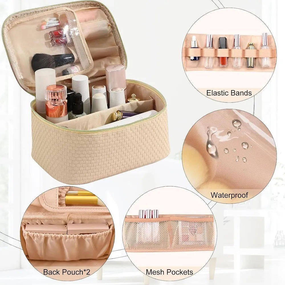StitchesandTweed Travel Cosmetic Bag, Large Capacity Vegan Leather Travel Make Up Bag, Cosmetic Storage Bag with Carrying Handle - Nata