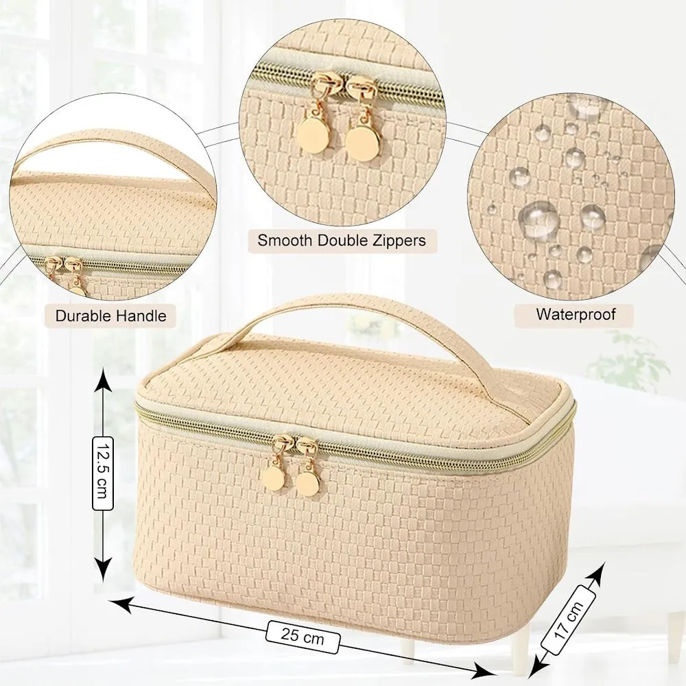 StitchesandTweed Travel Cosmetic Bag, Large Capacity Vegan Leather Travel Make Up Bag, Cosmetic Storage Bag with Carrying Handle - Nata