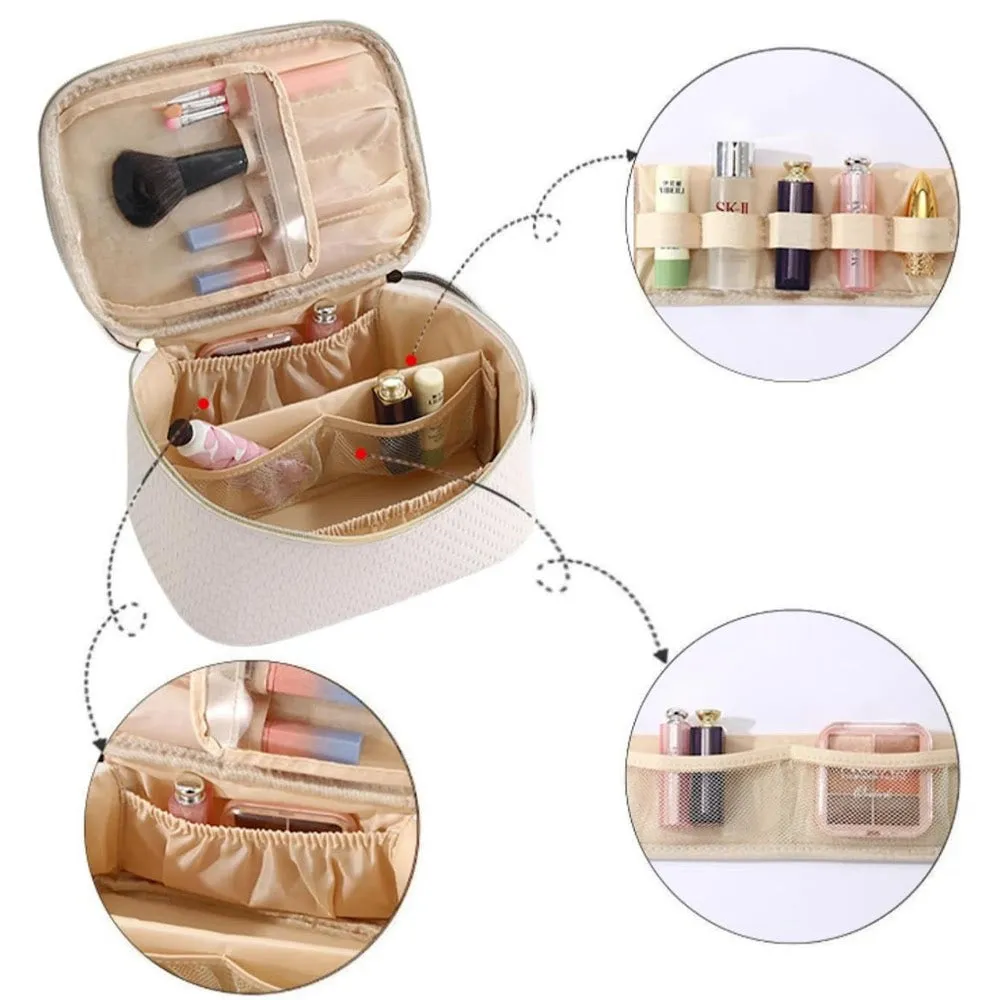 StitchesandTweed Travel Cosmetic Bag, Large Capacity Vegan Leather Travel Make Up Bag, Cosmetic Storage Bag with Carrying Handle - Nata