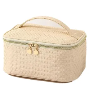 StitchesandTweed Travel Cosmetic Bag, Large Capacity Vegan Leather Travel Make Up Bag, Cosmetic Storage Bag with Carrying Handle - Nata