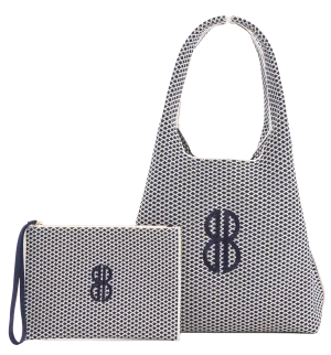 Sutton City Tote - Navy Diamond Monogram / Detachable Metal Chain - Large