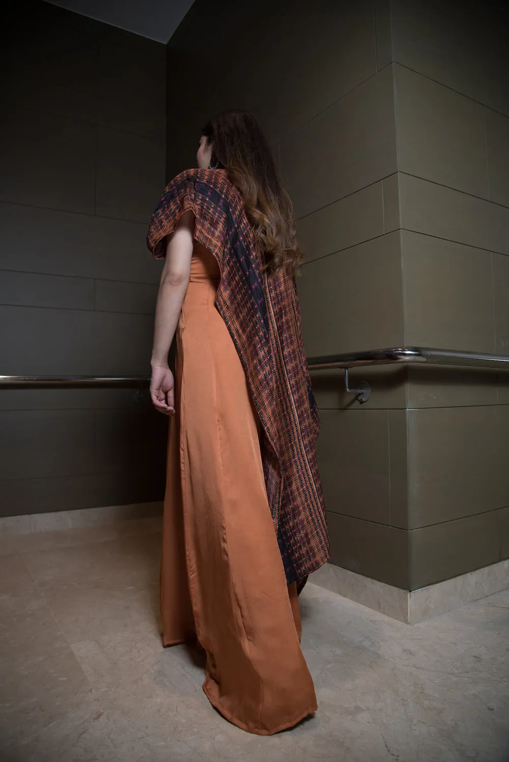 Tangerine Anarkali Paired With A Draped Dupatta
