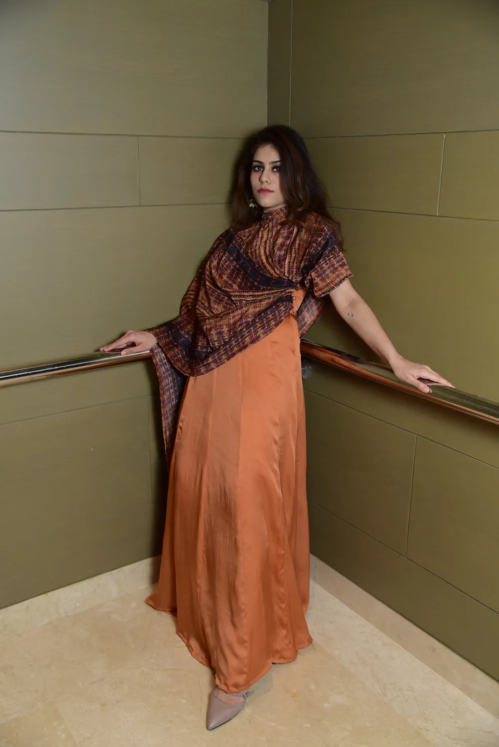 Tangerine Anarkali Paired With A Draped Dupatta