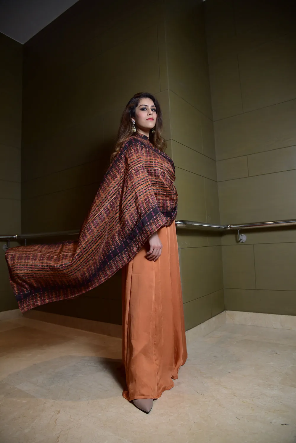 Tangerine Anarkali Paired With A Draped Dupatta
