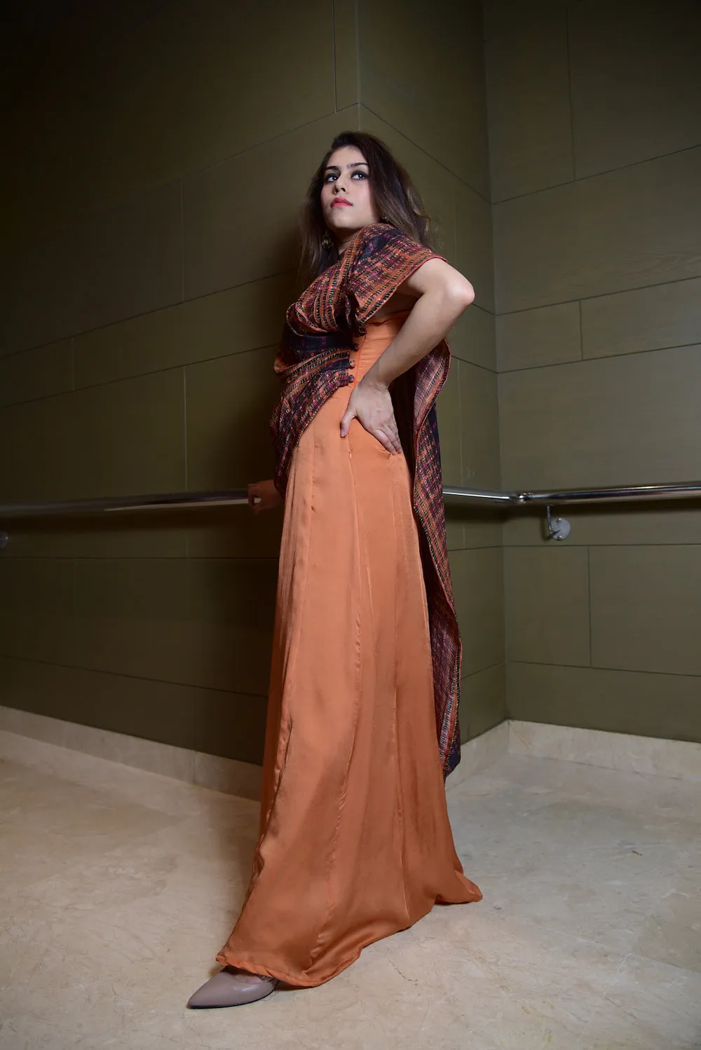 Tangerine Anarkali Paired With A Draped Dupatta