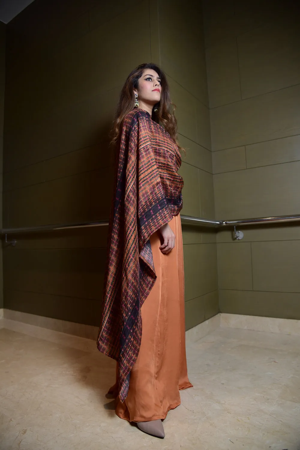 Tangerine Anarkali Paired With A Draped Dupatta