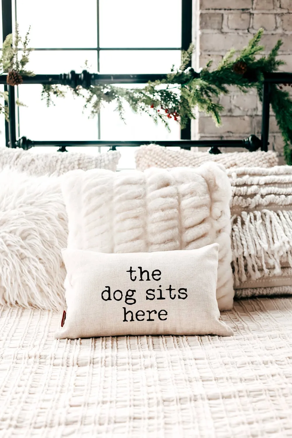 The Dog Sits Here Pillow: 12x18 WITH Faux Down Pillow Insert