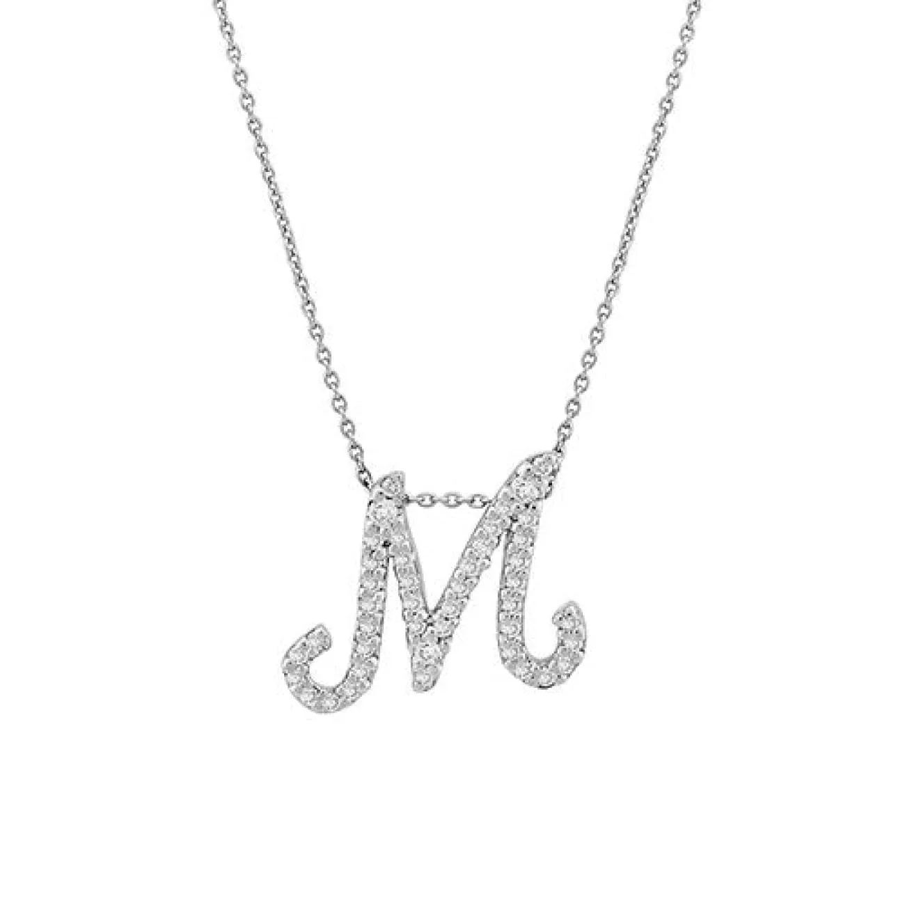 Tiny Treasures 18K White Gold Diamond Pavé Cursive “M” Necklace
