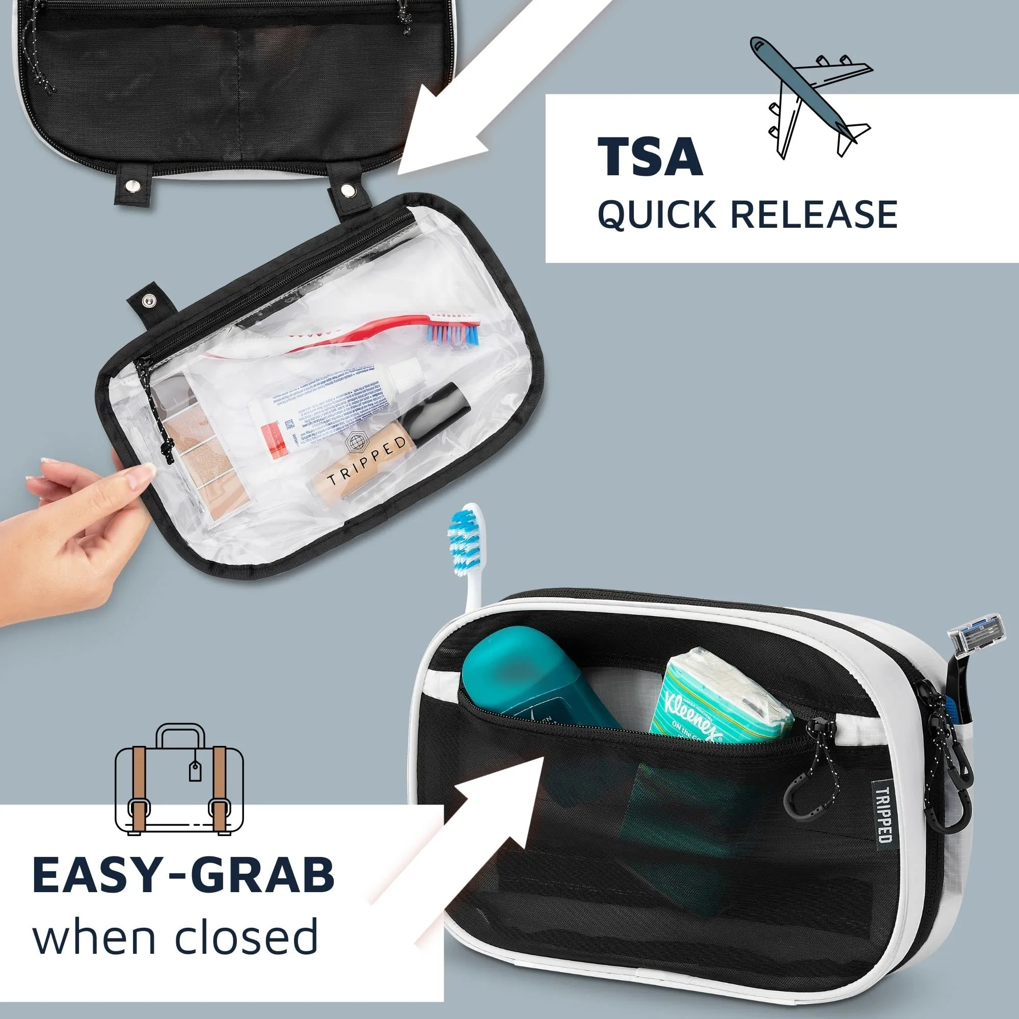 Toiletry Bag Kit Set: Hanging Travel Toiletry Bag   311 TSA Cosmetic Liquid Bag   Ultralight Accessory Organizer Pouch (White Ripstop)