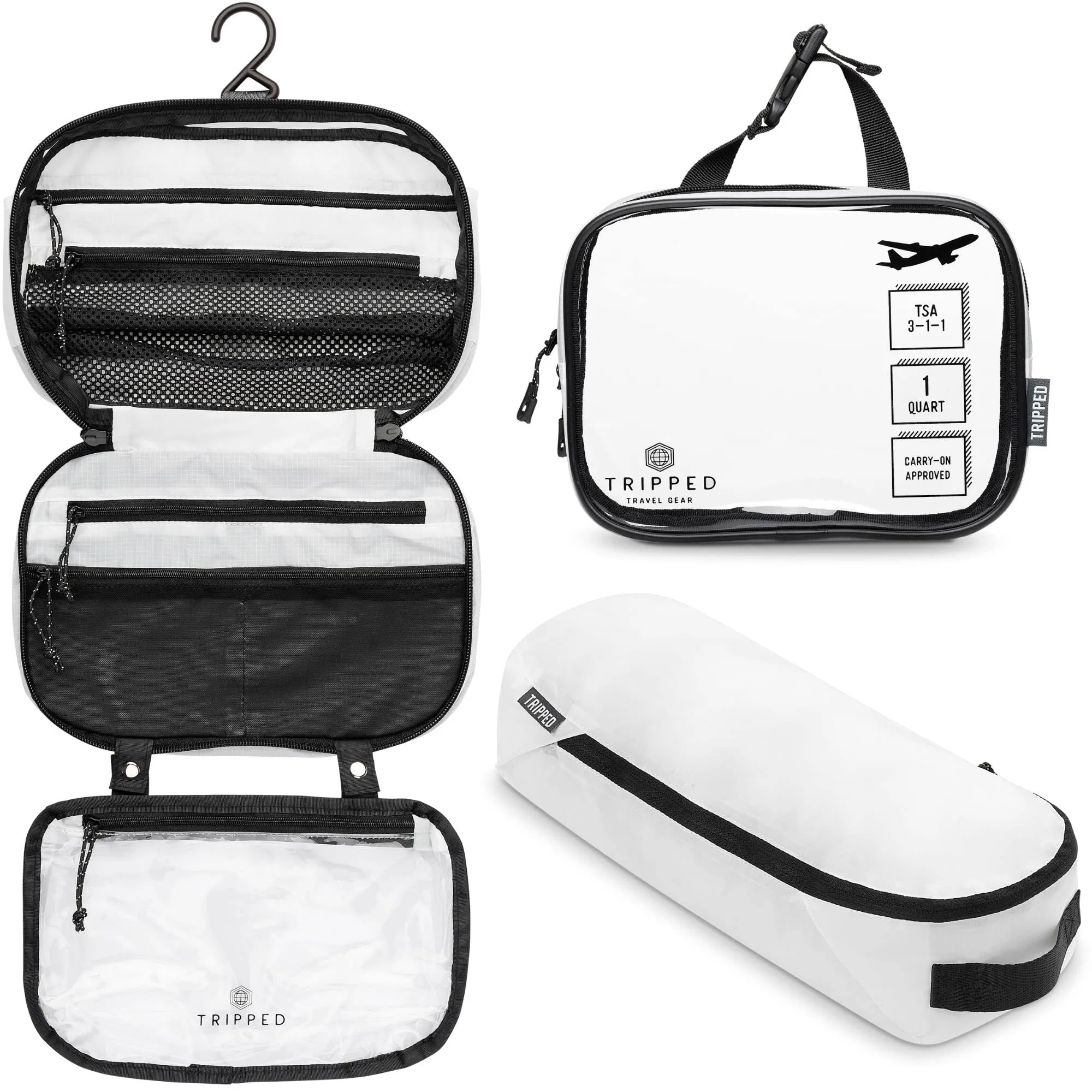 Toiletry Bag Kit Set: Hanging Travel Toiletry Bag   311 TSA Cosmetic Liquid Bag   Ultralight Accessory Organizer Pouch (White Ripstop)