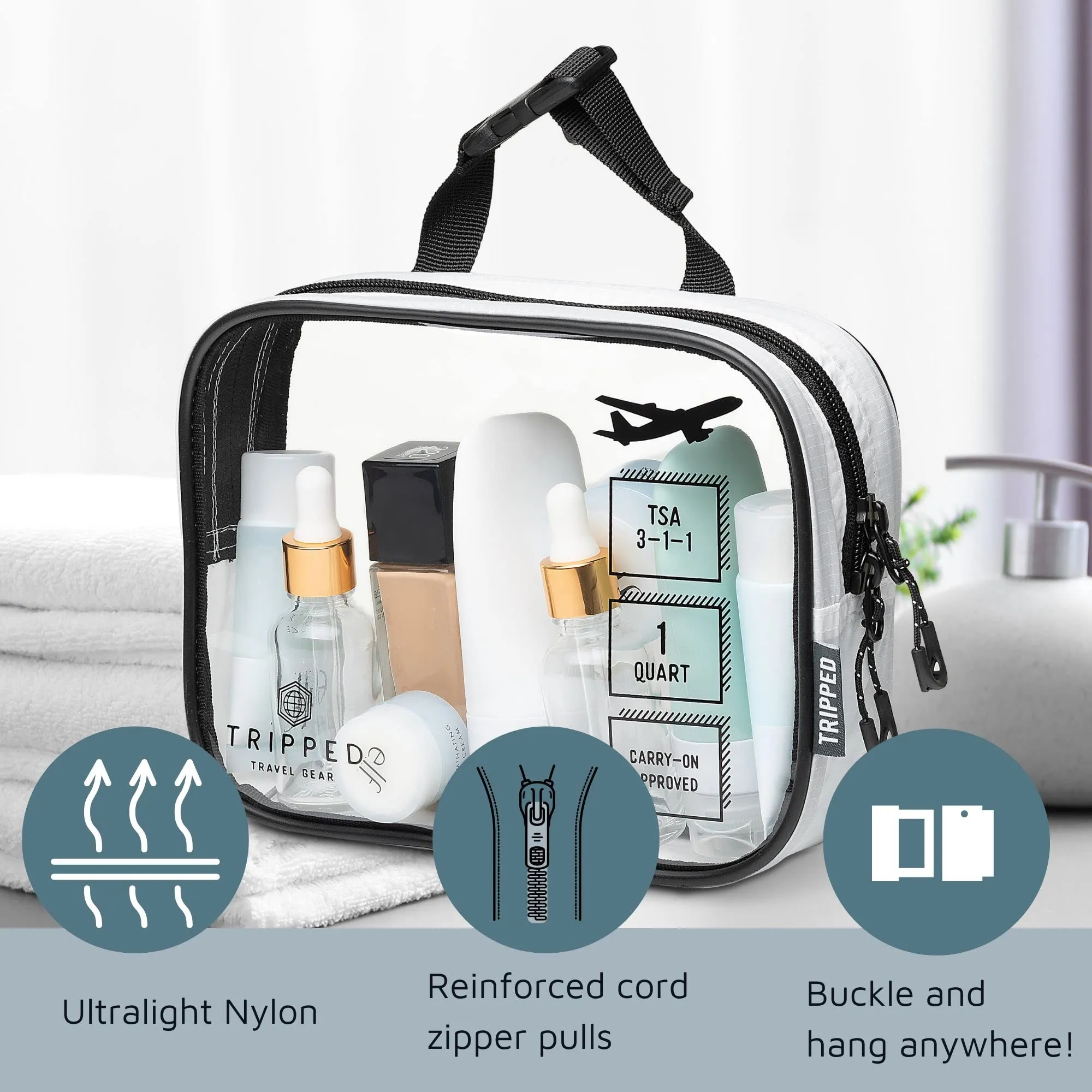 Toiletry Bag Kit Set: Hanging Travel Toiletry Bag   311 TSA Cosmetic Liquid Bag   Ultralight Accessory Organizer Pouch (White Ripstop)