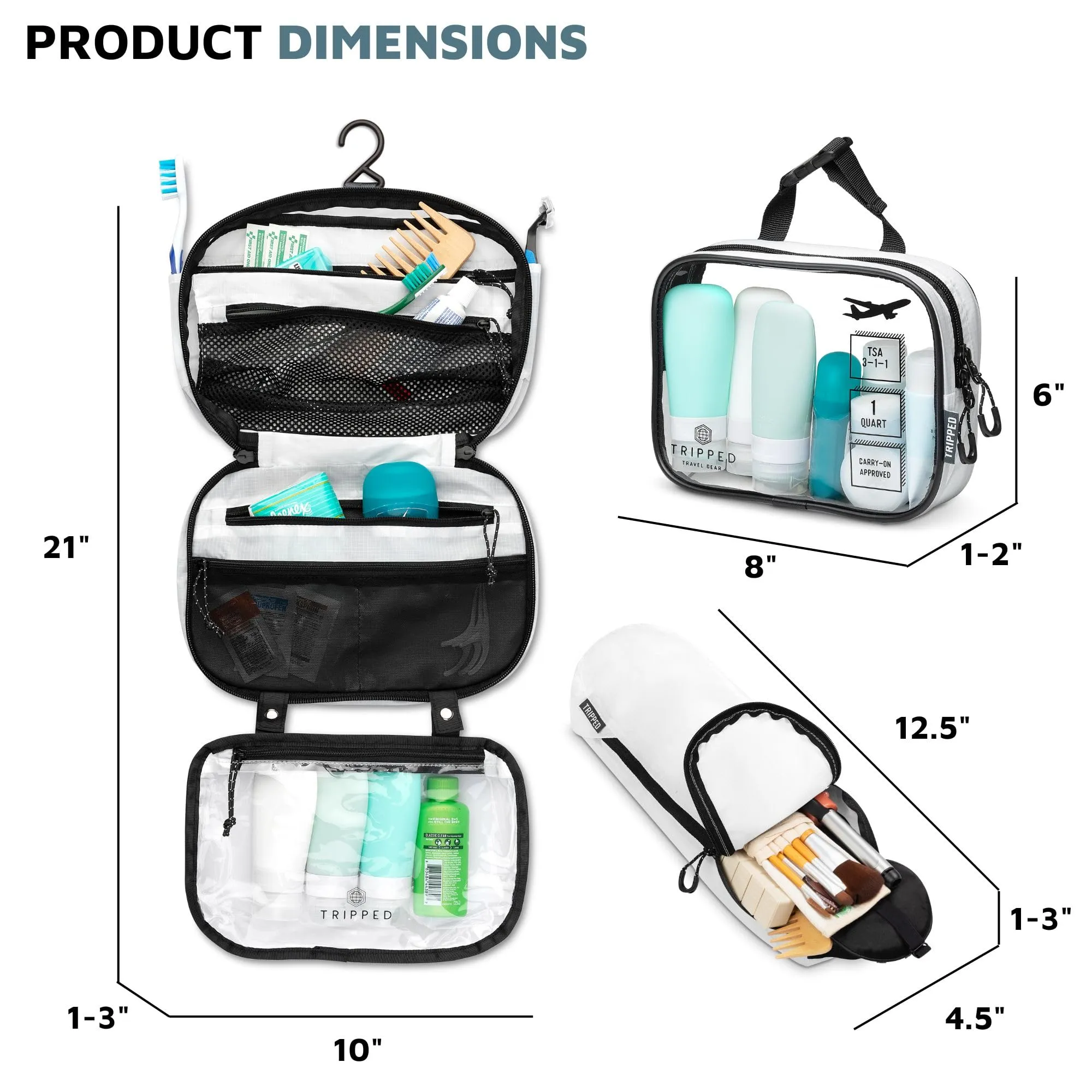 Toiletry Bag Kit Set: Hanging Travel Toiletry Bag   311 TSA Cosmetic Liquid Bag   Ultralight Accessory Organizer Pouch (White Ripstop)
