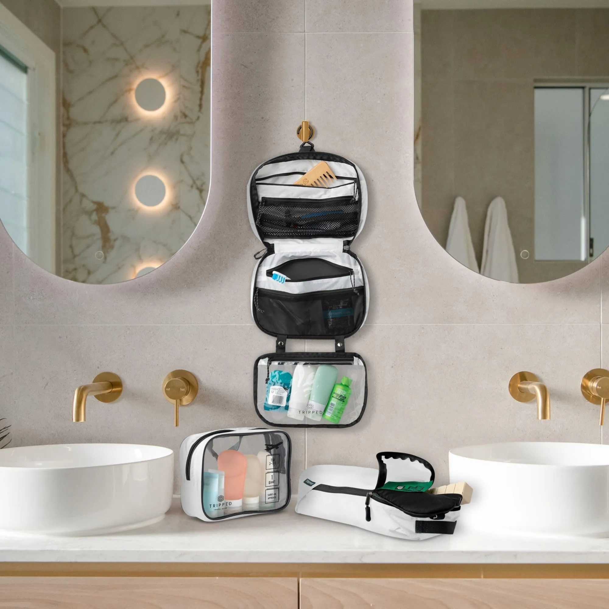 Toiletry Bag Kit Set: Hanging Travel Toiletry Bag   311 TSA Cosmetic Liquid Bag   Ultralight Accessory Organizer Pouch (White Ripstop)