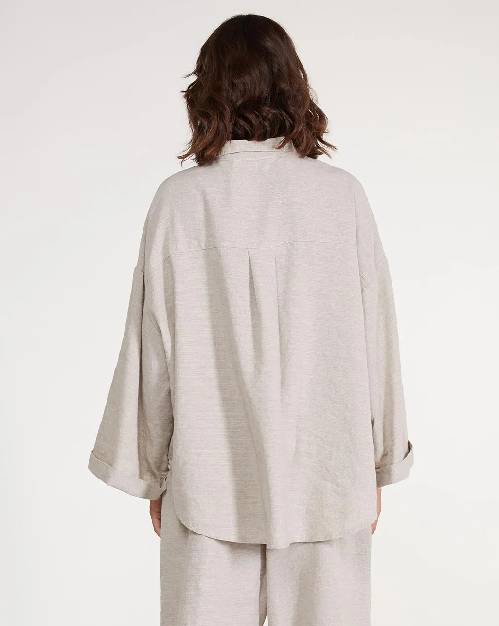Upcycled Linen Pleat Back Hi-Lo Button-Up Shirt