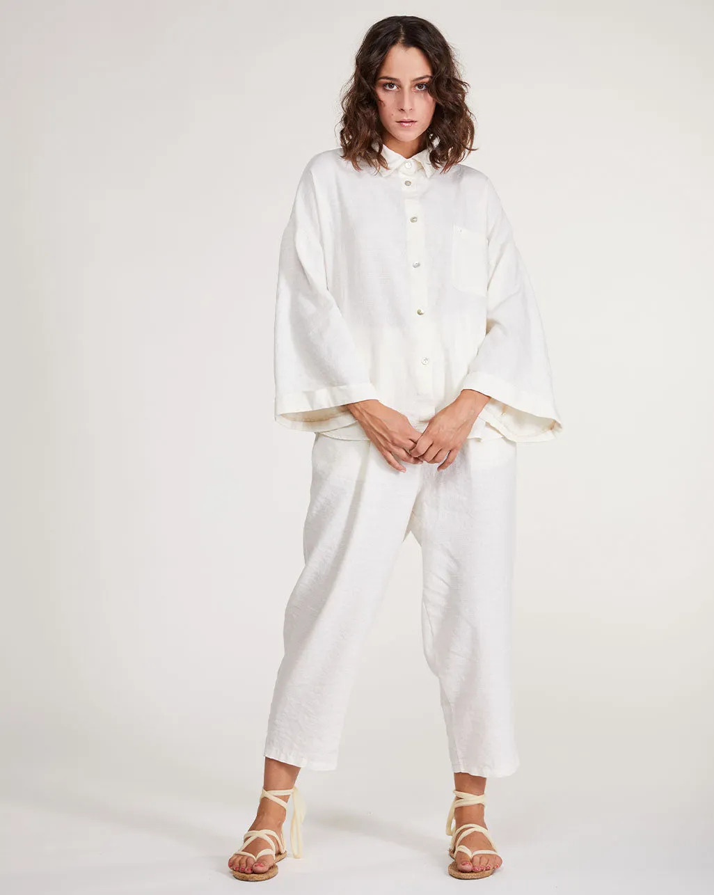 Upcycled Linen Pleat Back Hi-Lo Button-Up Shirt