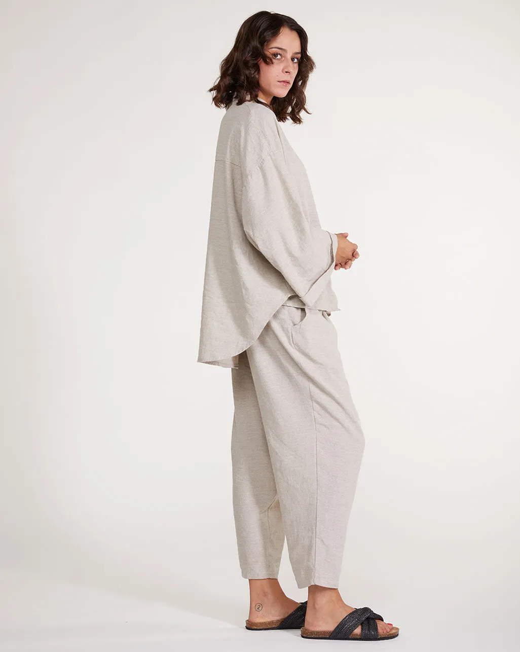 Upcycled Linen Pleat Back Hi-Lo Button-Up Shirt