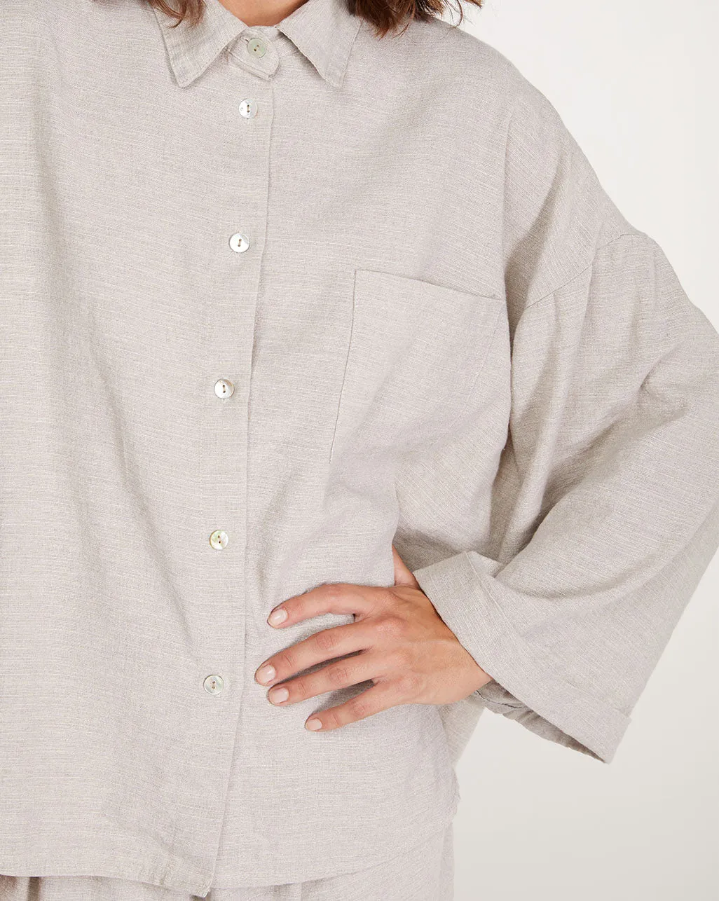 Upcycled Linen Pleat Back Hi-Lo Button-Up Shirt