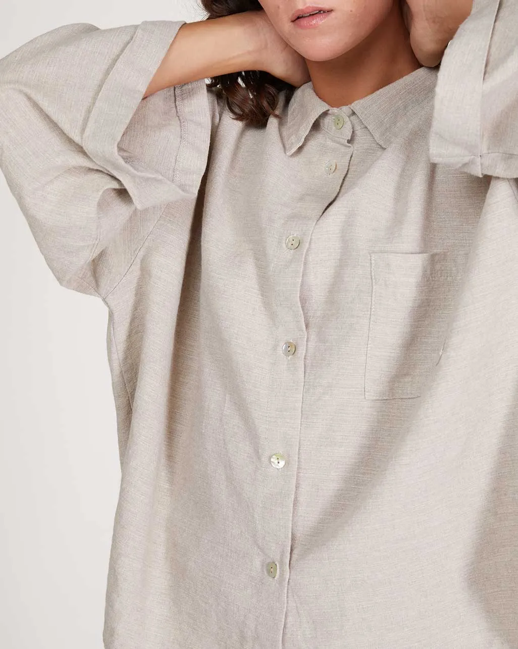 Upcycled Linen Pleat Back Hi-Lo Button-Up Shirt