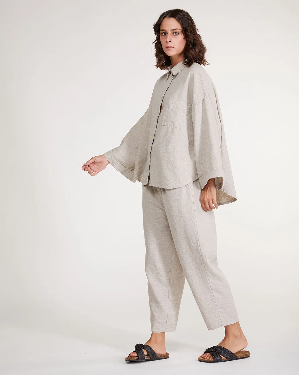 Upcycled Linen Pleat Back Hi-Lo Button-Up Shirt