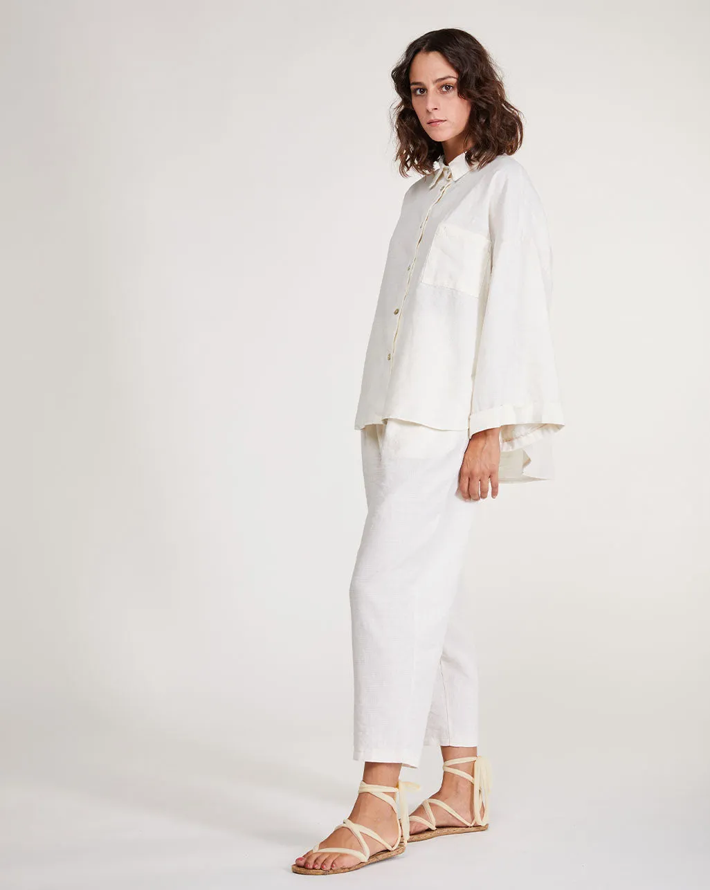 Upcycled Linen Pleat Back Hi-Lo Button-Up Shirt