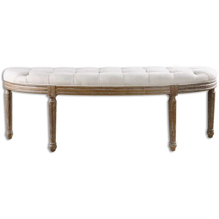 Uttermost Leggett Off White Linen Fabric Cushion Curved Wood Bench