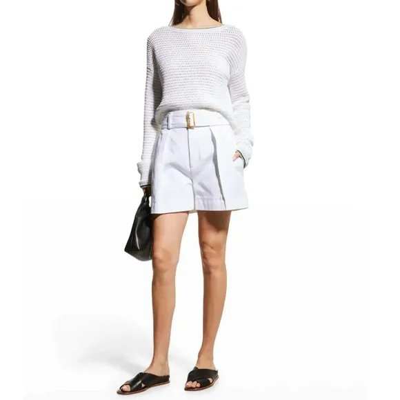 Vince Women's Belted Twill Short Cotton Linen White High Rise Pleated Pockets 16