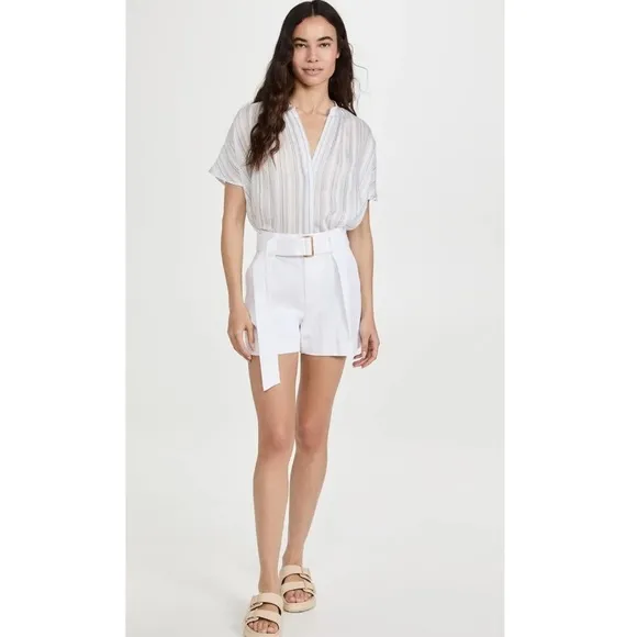 Vince Women's Belted Twill Short Cotton Linen White High Rise Pleated Pockets 16