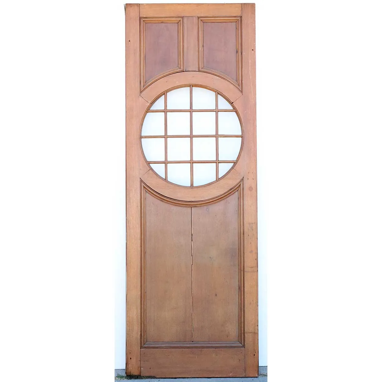 Vintage American Faded Mahogany Paneled and Round Glass Window Single Door
