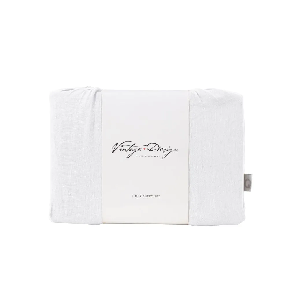 Vintage Design White French 100% Linen Sheet Set