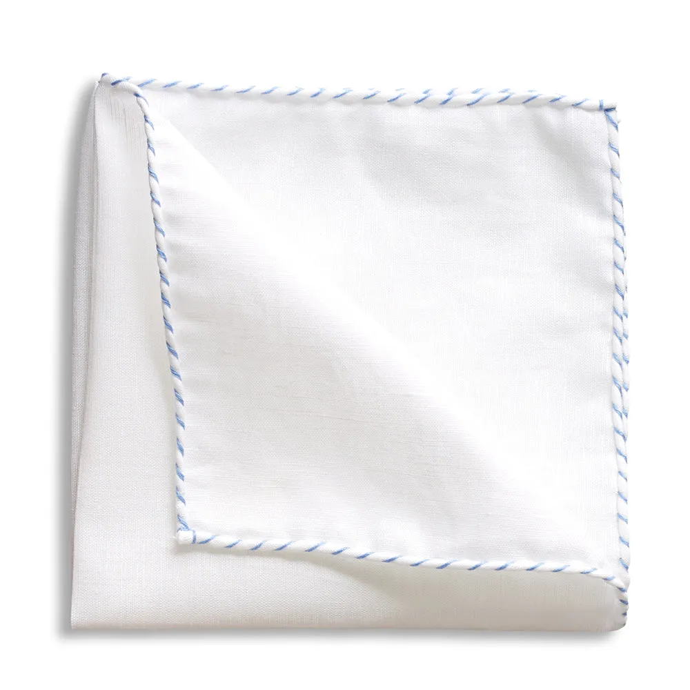 White Linen Light Blue Whipstitch Pocket Square