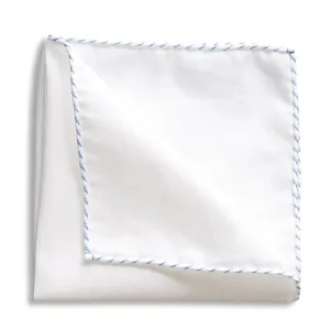 White Linen Light Blue Whipstitch Pocket Square