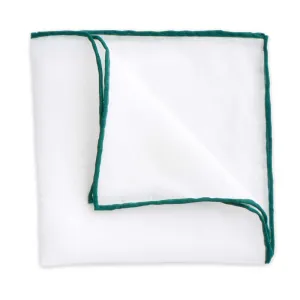 White Linen Pocket Square with Forest Green Trim