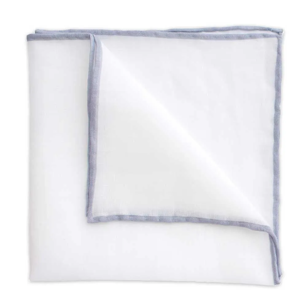White Linen Pocket Square with Grey Trim