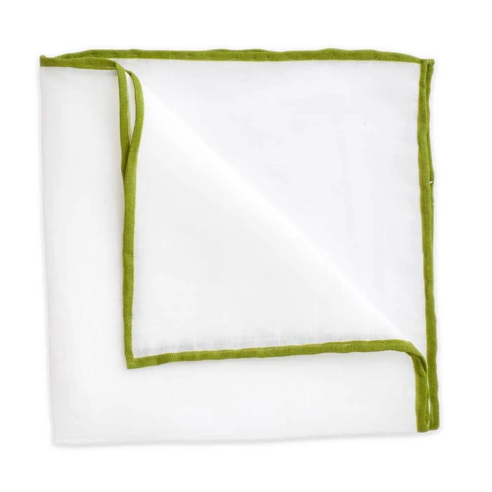 White Linen Pocket Square with Moss Green Trim