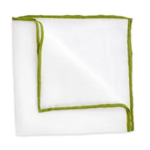 White Linen Pocket Square with Moss Green Trim