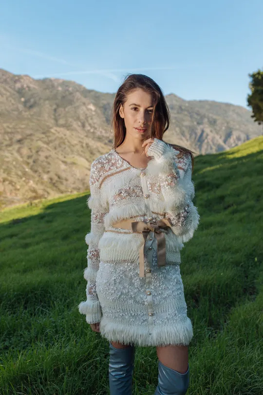 White Sundown Knit Sweater with Pearl Buttons
